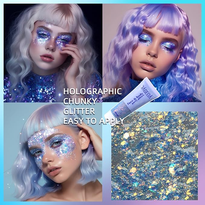 DAGEDA Body Glitter Gel, Face Glitters Body Gel Sequins Shimmer Liquid Eyeshadow, Chunky Glitter for Face Hair Nails, Holographic Cosmetic Laser Powder Festival Glitter Makeup 1.7oz (Mermaid)