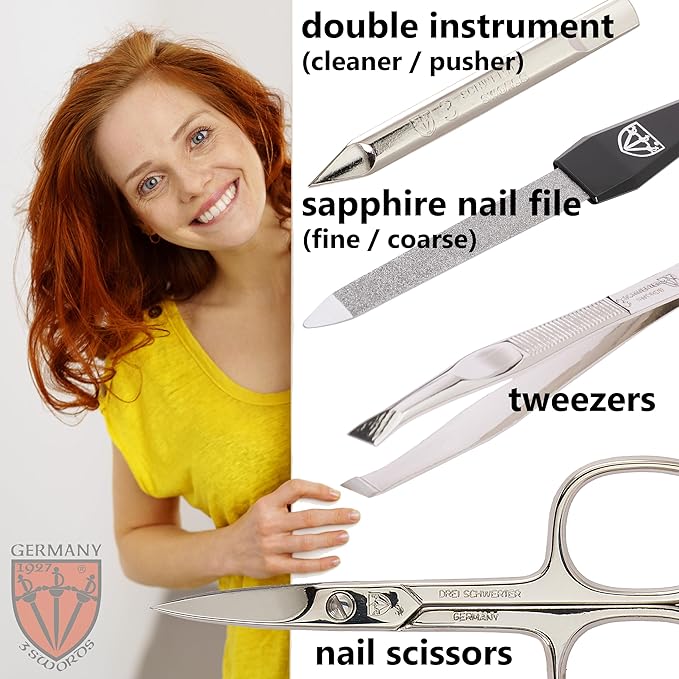 3 Swords Germany - brand quality 3 piece manicure pedicure grooming kit set for professional finger & toe nail care scissors tool genuine leather case in gift box, Made in Solingen Germany