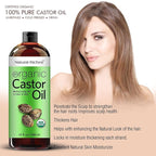 Natural Riches Organic Castor Oil - Cold Pressed, USDA Certified for Dry Skin, Hair Loss, Dandruff, Hair Growth, and Thicker Eyelashes & Eyebrows - 32 fl. oz.