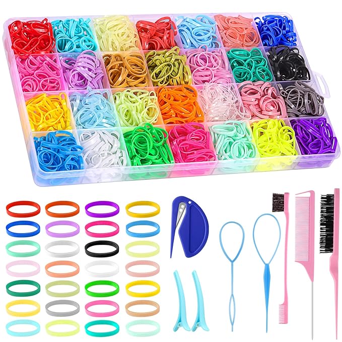 28 Colors Rubber Bands with 8 Hair Styling Tools, 1500 Pcs Colorful Elastic Ties Small Rubber Bands Baby Toddler Ties for Girls Hair Accessories