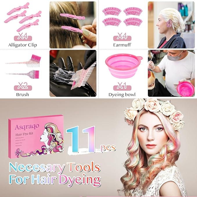 11pcs Hair Coloring Kit - Professional Salon Tools for DIY Mixing, Includes Clips, Bowl, Dye Brush, Earmuffs - Perfect for Bleaching and Dye