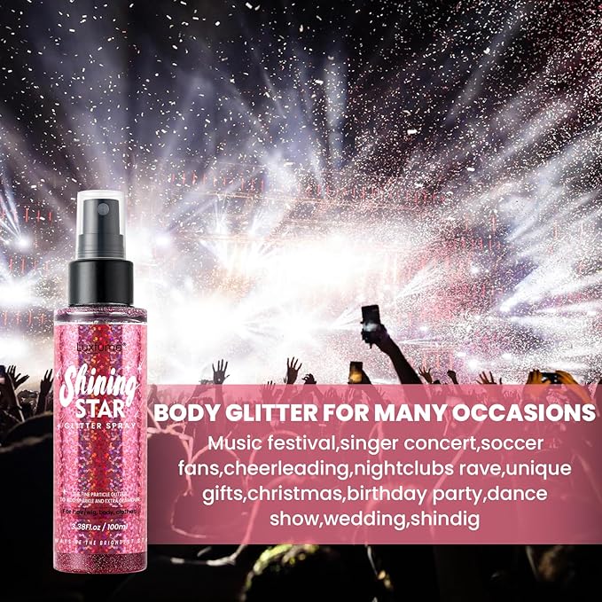 Pink Body Glitter Spray & Glitter Hairspray - Long-Lasting, Ultra-Shiny, Quick-Dry, Waterproof, Non-Clog Nozzle Design for Parties, Dances, Festivals, and Special Events