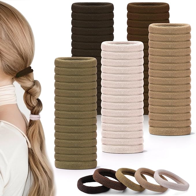 obeoby 100PCS Hair Ties for Thick Hair, Neutral Seamless Nylon Elastic Ponytail Holders Stretchy Hair Bands for Women Girls
