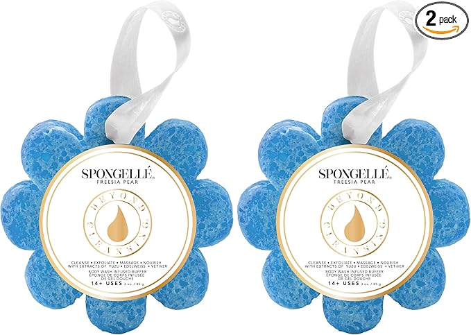 SPONGELLÉ Spongelle Freesia Pear Wild Flower Buffer Body Scrubber | Bath & Shower Loofah for Women | Exfoliator with Body Wash Infused Sponge | 14+ uses (Pack of 2)