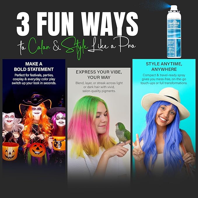 Herbishh Koloret Pastel Blue Hair Tint Spray (69g), Washable Temporary Color Mist for Light & Dark Strands, Quick-Dry, Non-Sticky, Travel-Friendly Root Touch Up for Women