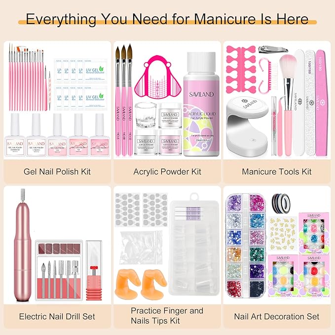 SAVILAND Acrylic Nail Kit with Drill: Nail Kit for Beginners with Everything Professional All-In-1 Acrylic set Gel Polish U V Light Full Tools DIY Salon Home Gift Set