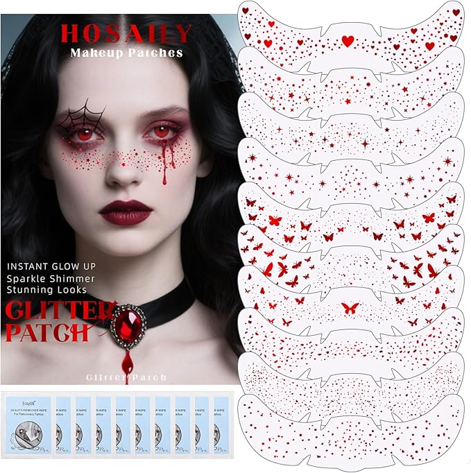 10 Styles Red Glitter Freckles Face Tattoo, Waterproof Sparkle Cute Star Butterfly Face&Body Glitter Speckles Patches for Women, Metallic Temporary Tattoo Accessories Makeup for Rave