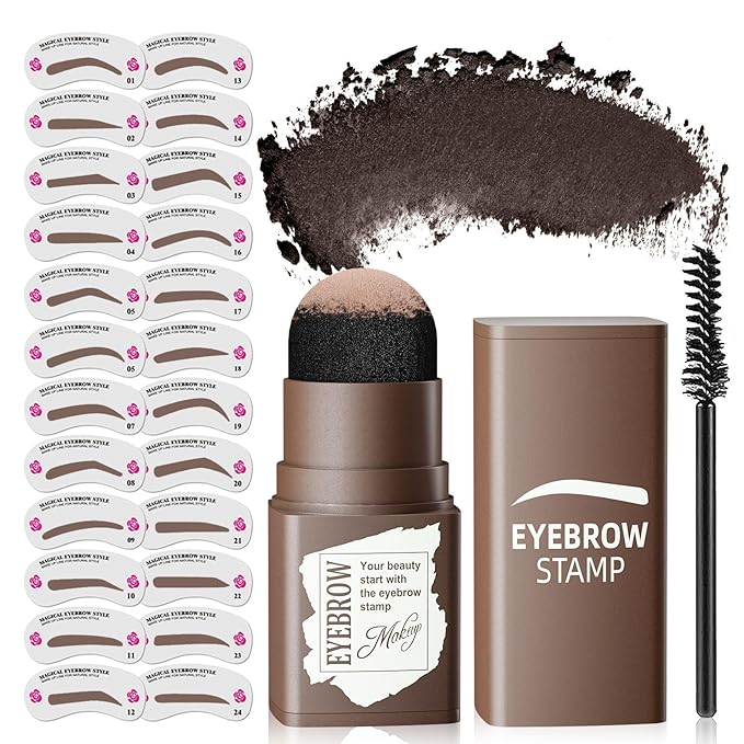 Eyebrow Stamp Stencil Kit - Long-Lasting Eyebrow Powder with Brush, Waterproof & Smudge-Proof Brow Shaping Kit with 24 Reusable Thin & Thick Eyebrow Stencils for Voluminous Brow (Black Brown)