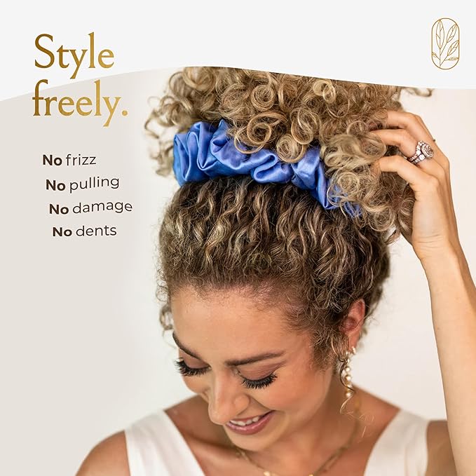 Silk Scrunchies for Women Ponytail Holders – Oversized Mulberry Silk Scrunchies – Extra Large No Damage Hair Ties for Curly, Thick, and Thin - Hair Accessories for Women – Cerulean, XL By Curlfriend