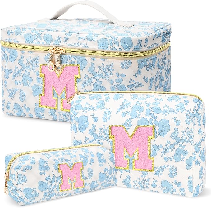 3 PCS Travel Makeup Bag Set, A–Z Initials Cotton Quilted Cosmetic Bag for Women & Preppy, Personalized Toiletry Bag Travel Accessories Makeup Brushes Organizer, Valentine’s Day & Birthday Gift for Her