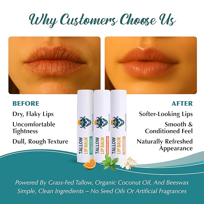 Moisturizing Tallow Lip Balm – Grass-Fed Beef Tallow with Organic Coconut Oil, Beeswax, and Vitamin E – Lip Balm Set – Variety Pack – Travel Essential – 3-Pack