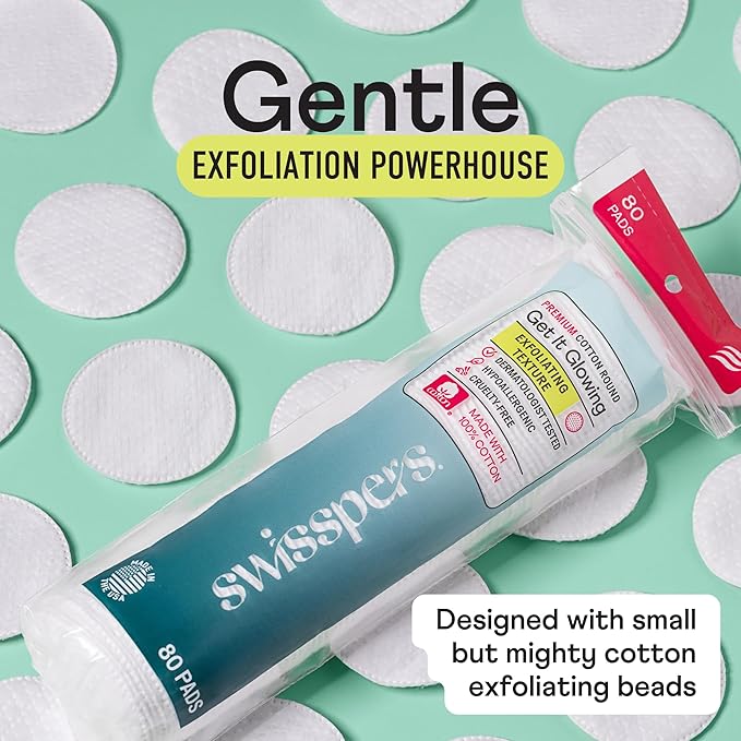 Swisspers Premium Exfoliating Cotton Rounds – 80 Count (Pack of 3) – 100% Pure Cotton, Dual-Sided Surface Pads for Gentle Exfoliation, Optimal Cleansing and Makeup Removal