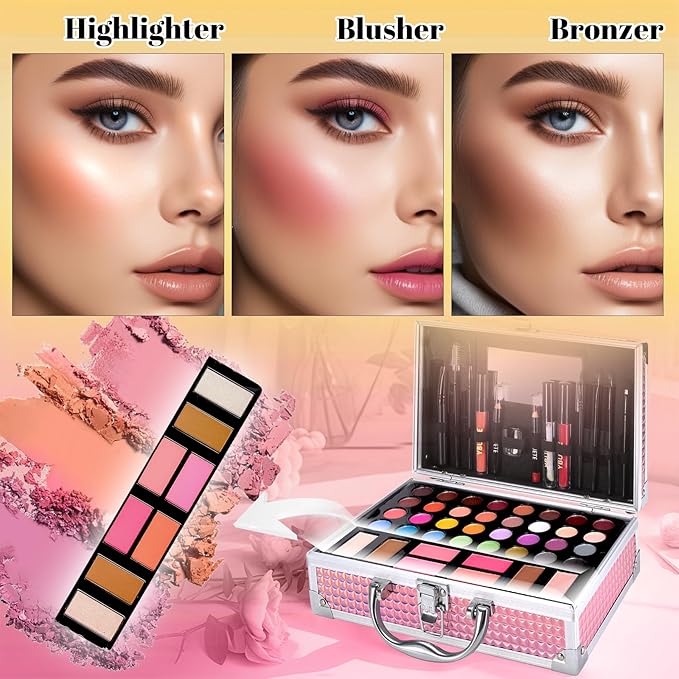 Beginner Makeup Kit for Teen,Makeup Set for Girl Women,Beginner Makeup Kit with Cosmetic Train Case Included 32 Colors Eyeshadow Blush Contour Lip Liner Lip Gloss Eyeliner Brush Set Mirror
