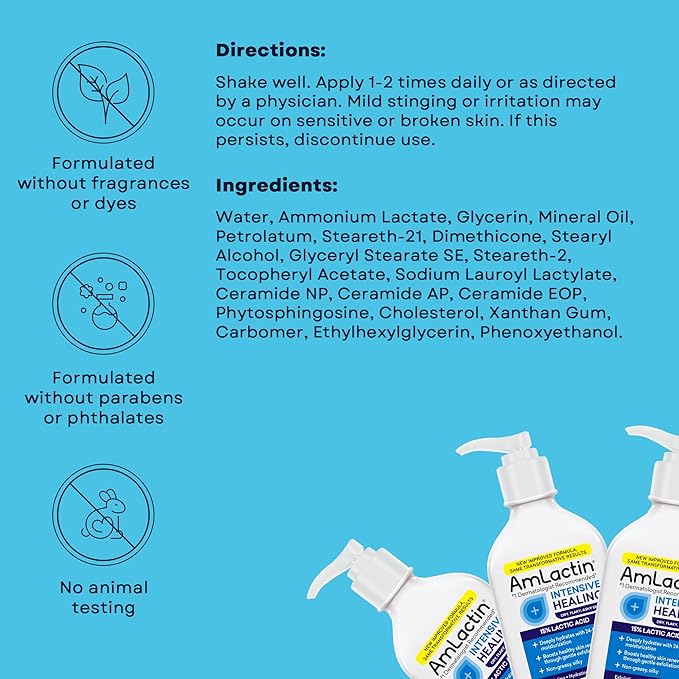 AmLactin Intensive Healing Body Lotion - Therapeutic Lotion for Extremely Dry Skin - No-Scrub Exfoliator and Moisturizer with 15% Lactic Acid AHA and Ceramides, 7.9 oz (Packaging May Vary)