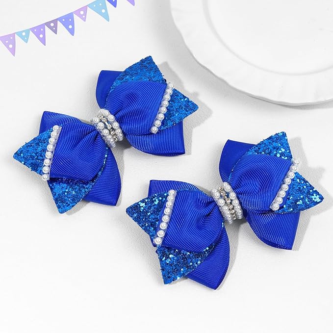 4" Sparkly Glitter Sequin Ribbon Hair Bow Clips,Pearl Wedding Boutique Alligator Barrettes Pins for Teens Toddler,Cheerleader Girls Kids Birthday Party Dress Decor Accessory (Deep Blue)