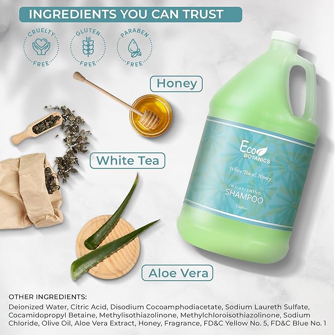 Terra Pure 1-Shoppe Eco Botanics Natural Shampoo with Raw Honey & White Tea | Gallon Jug Bulk Toiletries for Airbnb, Vacation Rentals, and Home Bathroom | Refill For Soap Dispensers