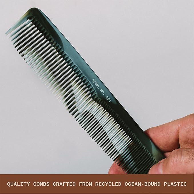 WAVEY Quality Hair Comb for Men and Women, Recycled Ocean Plastic, 7 Inches length perfect for home and travel, Wide and Fine Tooth for thick, thin, wavy, straight and curly hair styling - GREEN