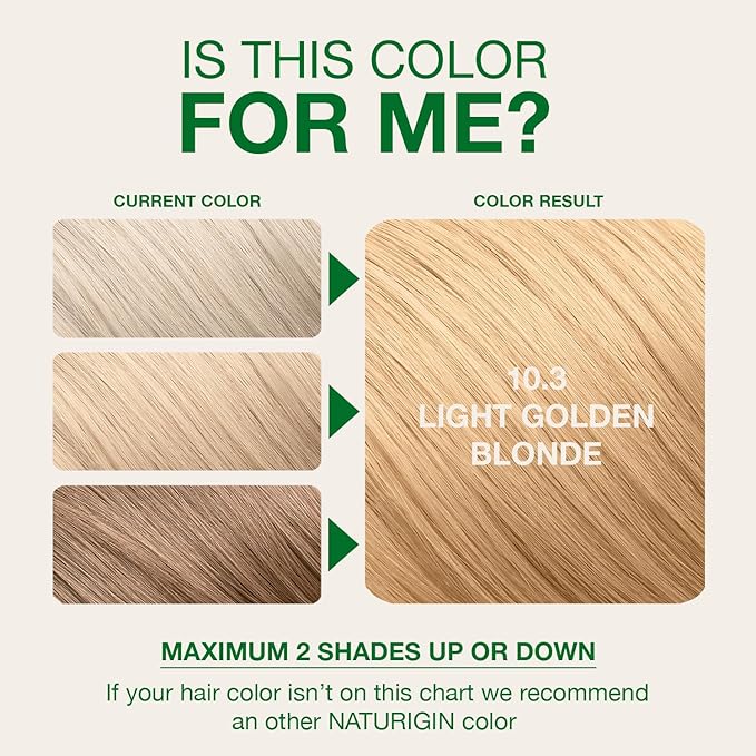 Naturigin Permanent Hair Color, 10.3 Light Golden Blonde, Ammonia Free, 100% Gray Coverage, Nourishing Natural Formula, For All Hair Types, Long-Lasting, Vegan & Cruelty-Free, 1 Pack