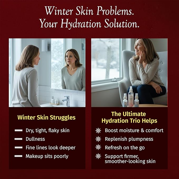 Reviva Labs Ultimate Hydration Trio – 3-Piece Hydrating Skincare for Dry Skin featuring Rosewater Facial Spray, Hyaluronic Acid Serum, and Collagen Serum for Face – Winter Skincare Gift Set for Women