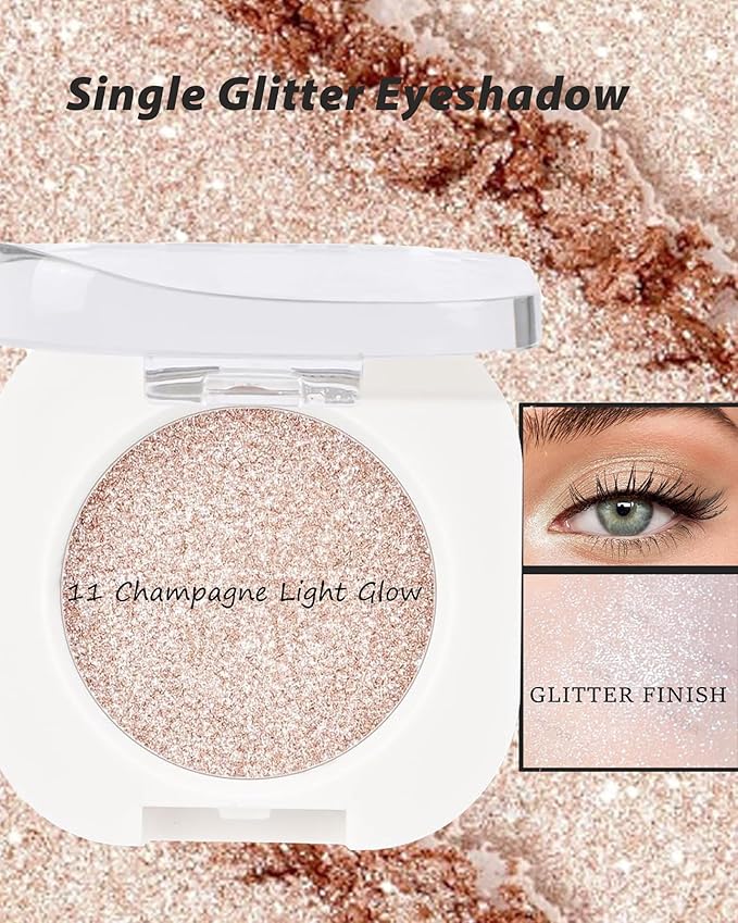 Single Glitter Eyeshadow, Sparkly Shimmer Glitter Eye Shadow Highlighter Palette Makeup, High Pigment Waterproof Champagne Pressed Eye Shadows Powder with Lightweight, Blendable for Daily Eye Look-11
