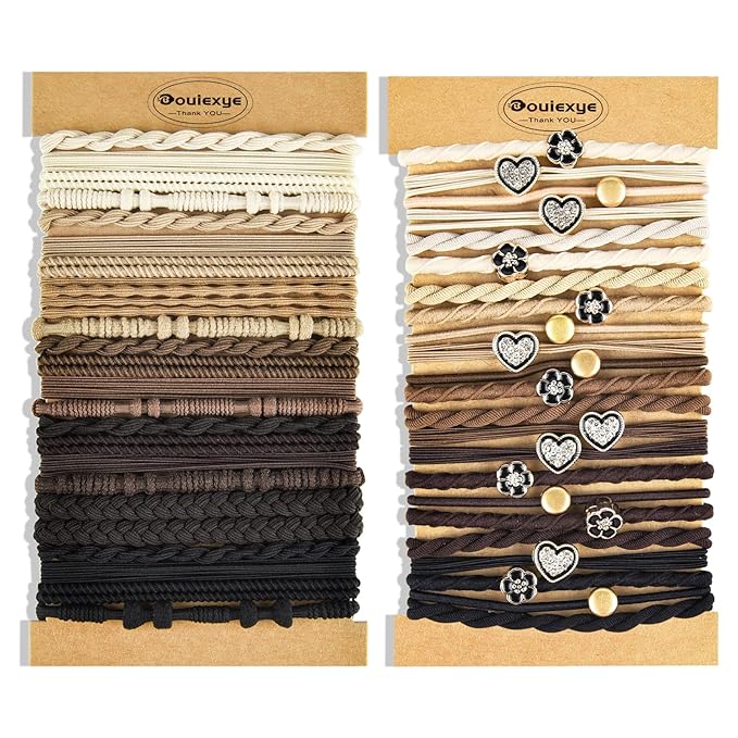 Hair Ties & Bracelets for Women, 48PCS Boho Hair Accessories - Hair Ties, Hair Tie Bracelets, No Damage for Thick, Thin, Medium, Long Hair - Heart, Nylon & Cotton, Multicolor, 48 Count