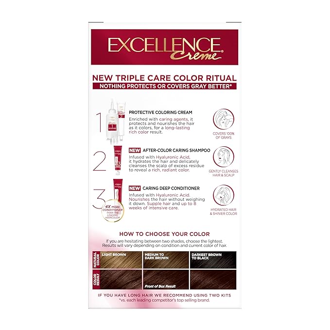 L'Oreal Paris Excellence Crème Permanent Hair Dye, Triple Care Hair Color with Pro-Keratine Complex for 100% Gray Hair Coverage, 4AR Dark Chocolate Brown, 1 Kit