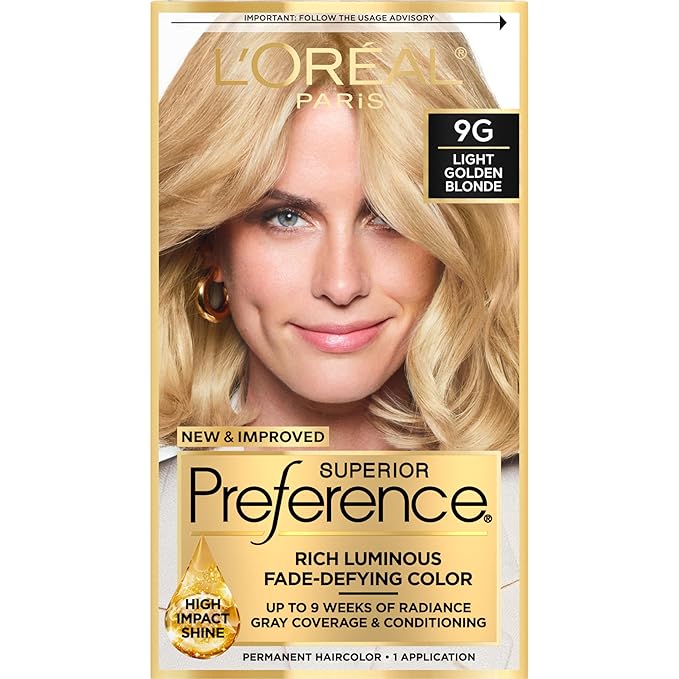 L'Oreal Paris Superior Preference Luminous Fade-Defying Permanent Hair Color, Hair Dye For Up to 9 Weeks of Radiance, Light Golden Blonde 9G, 1 Hair Dye Kit