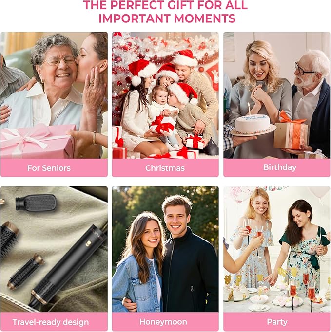 6 in 1 Hair Dryer Brush, Detachable Air Styler, 3 Heat Settings Blow Dryer Brush Frizz-Free Volumizing, Straightening, Curling ALCI Safety Plug for Travel & Home Styling (Pink-Black)