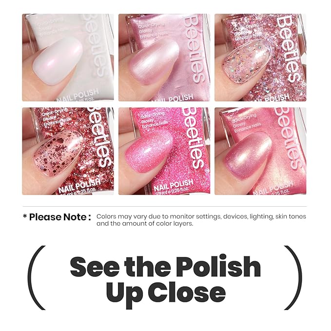 Beetles Glitter Nail Polish Set, 6 Colors Pink Nail Polish Kit Shimmer Gold Nude Jelly Pink Reverie Quick Dry Fingernail Polish Gifts for Women Salon DIY Manicure Kit