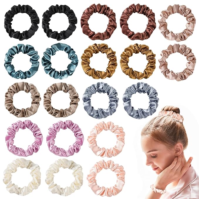 Hair Ties Satin Silk Small Scrunchies for Women Girls Ponytail Holders 20 Pcs Mini Bulk Scrunchies Elastic Hair Bands for Thick Curly Hair Pony Tails Hair Ties