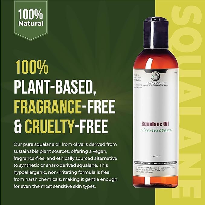 uh*Roh*Muh 100% Pure Squalane Oil from Olives – Lightweight, Non-Greasy Moisturizer for Skin & Hair | Deep Hydration, Fast-Absorbing & Non-Comedogenic | Natural Skin Care & Hair Oil | Spain | 4 Fl Oz