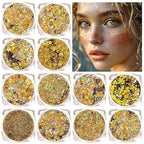 Body Glitter Face Glitter, Hair Glitter for Kids, 12 Shapes Fine Chunky Glitter Gel for Women Girls Makeup Sparkles Party Mermaid Sequins Rave Accessories Singer Concerts Festival (Gold Scheme)