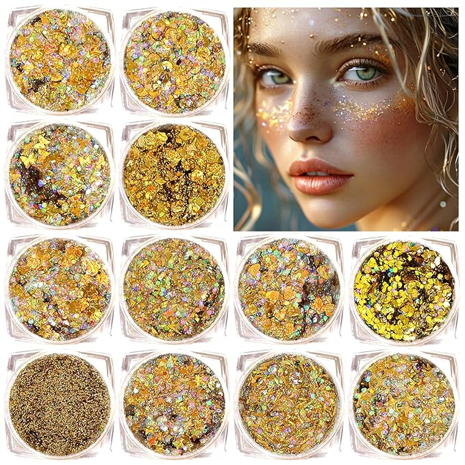 Body Glitter Face Glitter, Hair Glitter for Kids, 12 Shapes Fine Chunky Glitter Gel for Women Girls Makeup Sparkles Party Mermaid Sequins Rave Accessories Singer Concerts Festival (Gold Scheme)