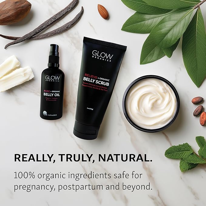 Glow Organics Stretch Mark Cream Belly Butter, Scrub and Oil, 3-Step Pregnancy Skin Care Kit, Belly Butter for Stretch Marks, Organic, Pregnancy & Baby Registry Must Haves, Mother To Be Gift.