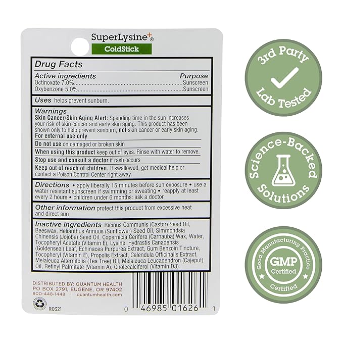 Quantum Health SuperLysine+ Coldstick Lip Sunscreen - Lysine Herbs & Nutrients Soothe & Moisturize Lips - Softens & Protects from the Sun - SPF 21 - Clear - 0.17 Ounce