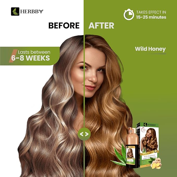 HERBBY Hair Color Shampoo for Gray Hair Coverage&Color Transform with 9 Herbal Extracts –Long Lasting(6-8 Weeks),Shiny,Evenly Colored,Instant Hair Dye Shampoo&Conditioner, 500 Ml (WILD HONEY COLOR)