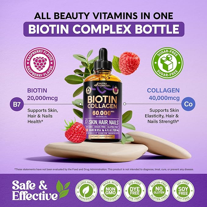 Liquid Biotin & Collagen 60,000 mcg - Vitamins for Hair Growth Support - Extra Strength Drops for Women & Men - Liquid Collagen Supplement - Strong Nails & Healthy Skin - Made in USA - 4 Fl Oz