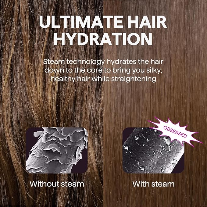 Wavytalk Steam Hair Straightener, Steam Sesh, Steam Reduces Damage, Nourishes Hair & Expedites Straightening, 1.38'' Nano Titanium Flat Iron with Detachable Comb for Silk Press Smoothing, Sakura Pink