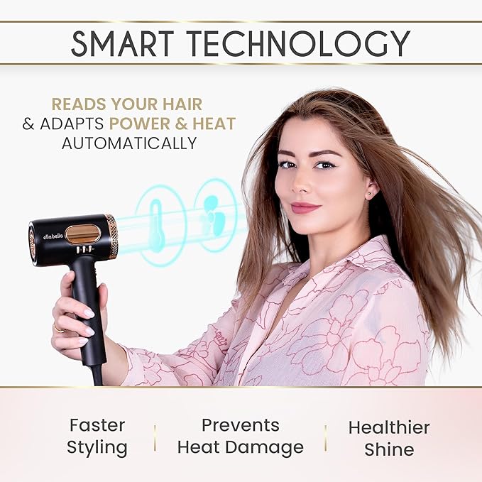 ELLA BELLA® Professional Smart Plasma Hair Dryer with Diffuser • Advanced Plasma Technology Blow Dryer • Intelligent Heat Control & Wind Speeds • Suitable All Hair Types