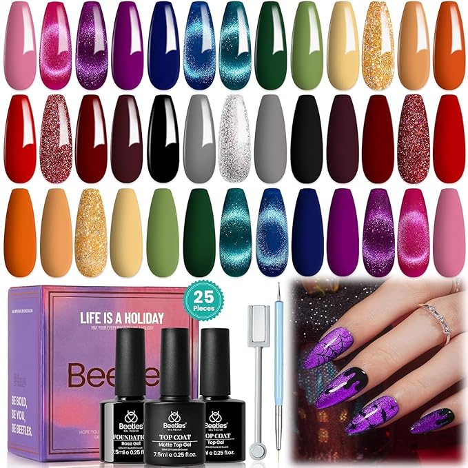 Beetles Winter Gel Nail Polish 20 Winter Colors Cat Eye Gel Polish Set Gift Spree Burgundy Red Purple with Magnet Pen Base Top Coat DIY Salon Manicured Soak Off UV LED Gifts for Women Gemstone Party