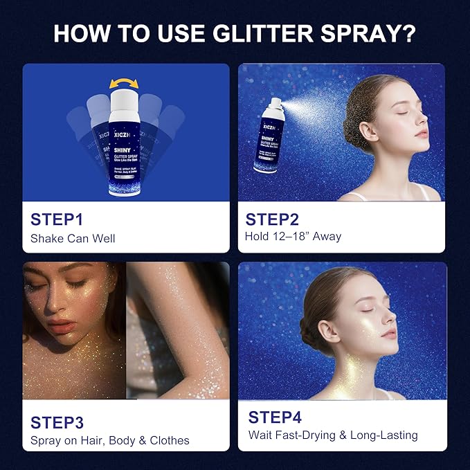 Body Glitter Spray, Glitter Spray for Hair Clothes and Body, Holographic Silver Glitter Hairspray for Grils – Festival, Rave, Prom, Stage, Nightclub, Cosplay Party Makeup 60ML