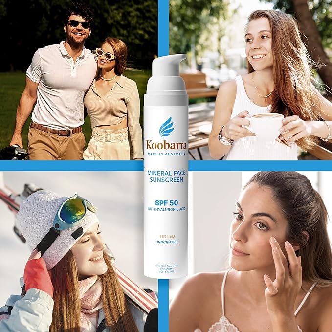 Mineral Face Sunscreen SPF 50, Tinted Aussie Zinc Oxide Sunblock with Hydrating Hyaluronic Acid, Reef Safe, Natural, Vegan, Australian Made, Great for Sensative Skin, Unscented, 100g 3.4oz