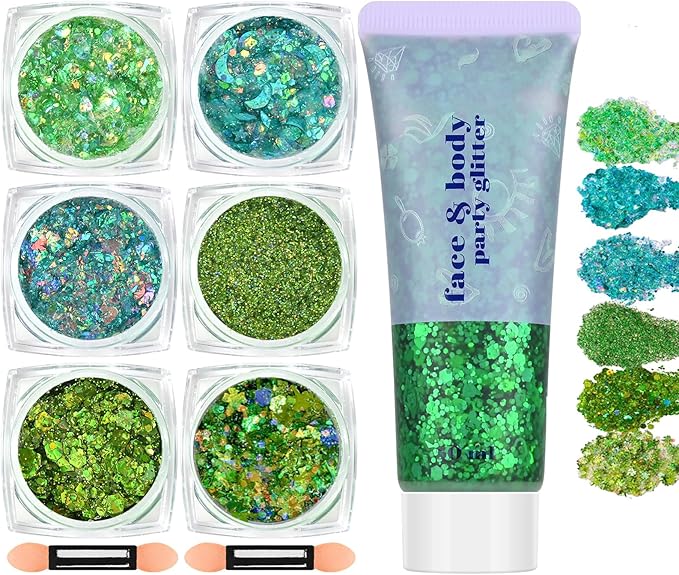Green Face and Body Hair Glitter Gel, St Patricks Day Shamrock Face Paint Holographic Chunky Festival Rave Accessories Glitter Makeup, 6 Kinds of Sparkling Sequins for Hair Nail Eye Lip Body