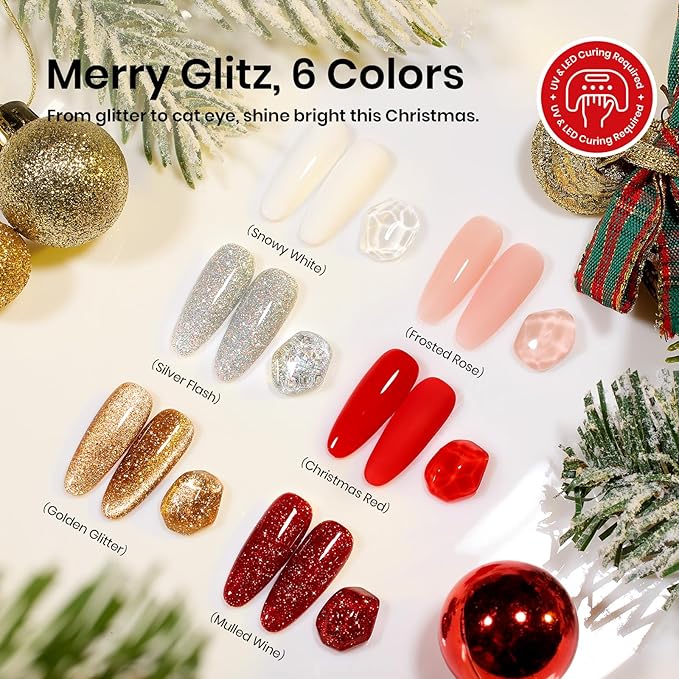 Beetles 27Pcs Gel Nail Polish Kit with U V Light Christmas Gifts for Women Teen Girls - 6 Colors Gel Nail Kit Merry Glitz Red Gold Cat Eye Glitter Jelly Winter Set Soak Off Salon DIY Manicure Set
