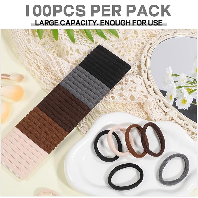 obeoby 100PCS Neutral Colors Hair Ties, Seamless Hair Ties Ponytail Holders Elastics Hair Accessories Stocking Stuffers for Women Girls
