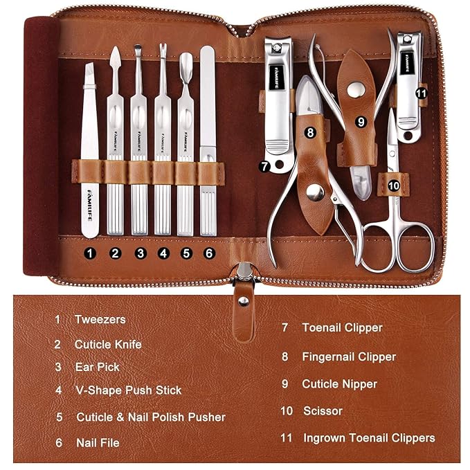 FAMILIFE Manicure Set, Professional Manicure Kit Nail Clippers Set 11 in 1 Stainless Steel Pedicure Tools Nail Kit Men Grooming Tool with Portable Brown Leather Travel Case Luxury Gifts for Him