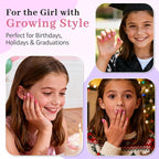 16 Sizes Press on Nails Kit for Kids - 32 Pieces French Almond Fake Nail Tips for Girls 8-12 Years Old with Jelly Nail Adhesives & No-Lamp Nail Glue, Birthday Christmas Gifts (Rose Pink Grid)