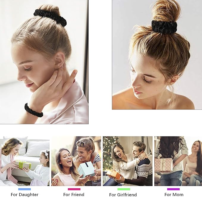 Hair Ties Silk Satin Scrunchies - Small Mini Thin Elestics Ponytail Holder Hair Bands Skinny Scrunchy For Thick Curl Hair No Crease Hair Ties Soft Accessories No Hurt Your Hair for Women and Girls (Black)
