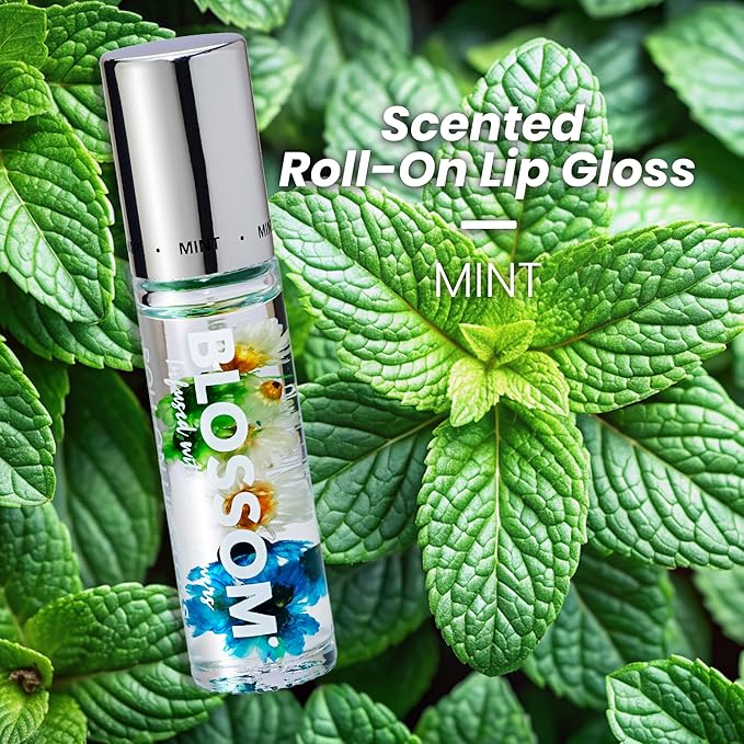 Blossom Roll on Lip Gloss, Scented Clear High Shine Moisturizing Lip Oil, Non Sticky, Infused with Real Flowers, Made in USA, 0.2oz, Mint