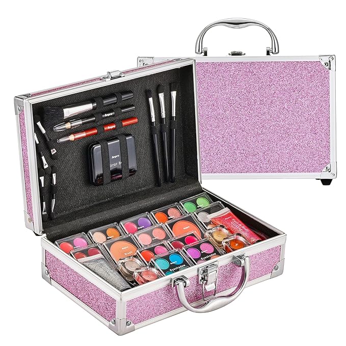 Anpro All-In-One Makeup Kit for Girls 10-12 with Case, Pro Teen Makeup Set, Tween Makeup Kit for Teens Women, Full Starter Make Up Kit with Brushes, Lipstick, Eye Shadows Palette, Blushes, Glitter Gel